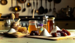 Plusieurs alternatives au sucre disposées sur une table, comme le miel, le sirop d'érable, la stévia et les dattes.