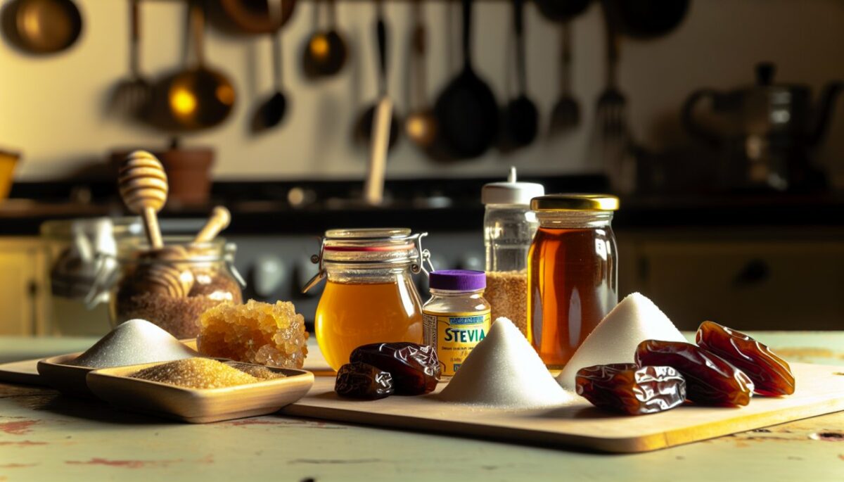 Plusieurs alternatives au sucre disposées sur une table, comme le miel, le sirop d'érable, la stévia et les dattes.