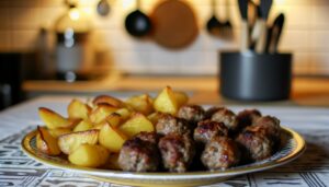 Une assiette de boulettes de viande savoureuses accompagnées de pommes de terre dorées.