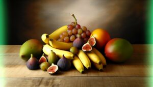 Un assortiment de fruits connus pour leur teneur élevée en sucre comme les bananes, les figues, les mangues et les raisins.