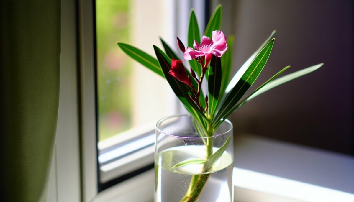 Une bouture de laurier rose immergée dans un vase transparent rempli d'eau.