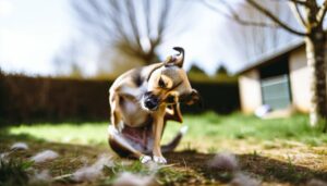 Un chien à poil court, en train de se gratter, avec quelques touffes de poils visibles sur le sol.