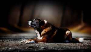 Un chien de race indéterminée couché sur le sol, tremblant visiblement.