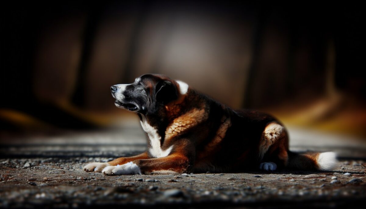 Un chien de race indéterminée couché sur le sol, tremblant visiblement.
