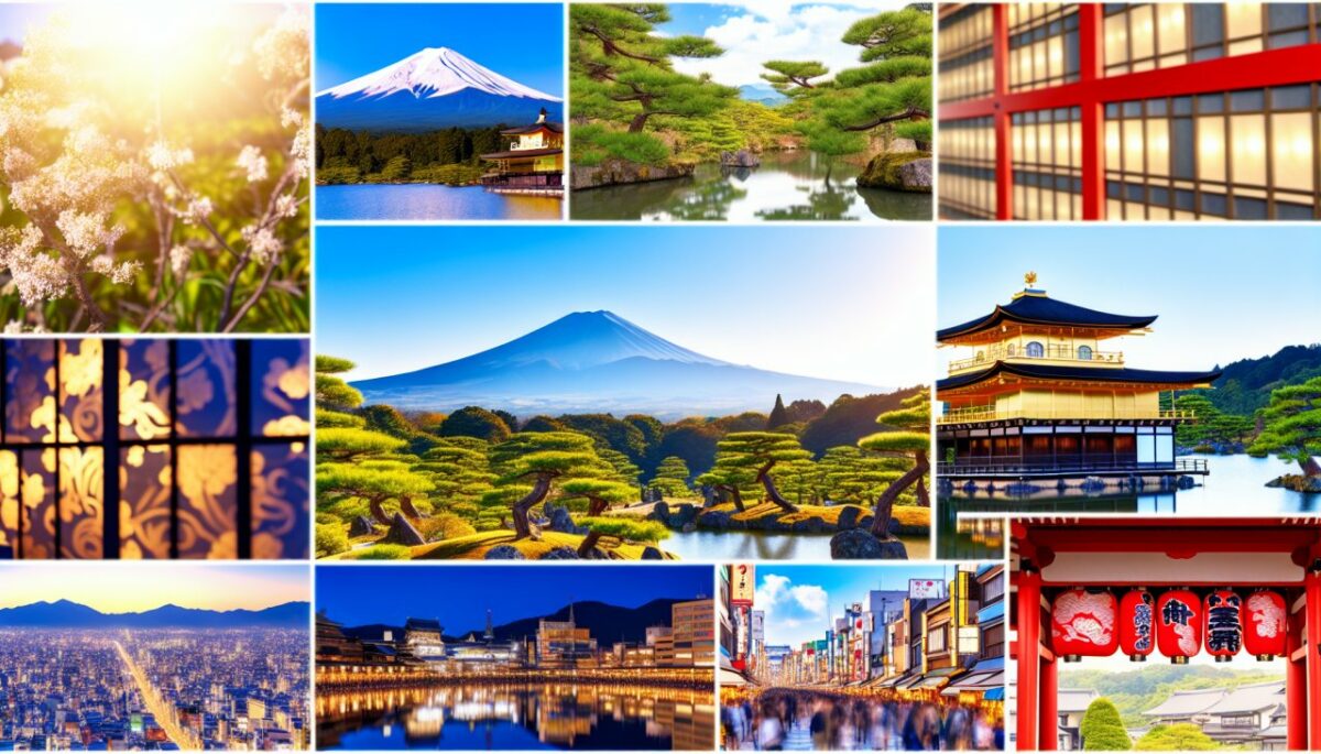 Un collage de paysages japonais incluant le Mont Fuji, le temple d'or de Kyoto, le château d'Himeji, le parc de Nara, les jardins Kenrokuen à Kanazawa et la rue commerçante de Dotonbori à Osaka.