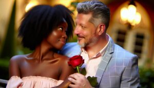 Un couple en train de se regarder amoureusement tout en tenant chacun une rose.