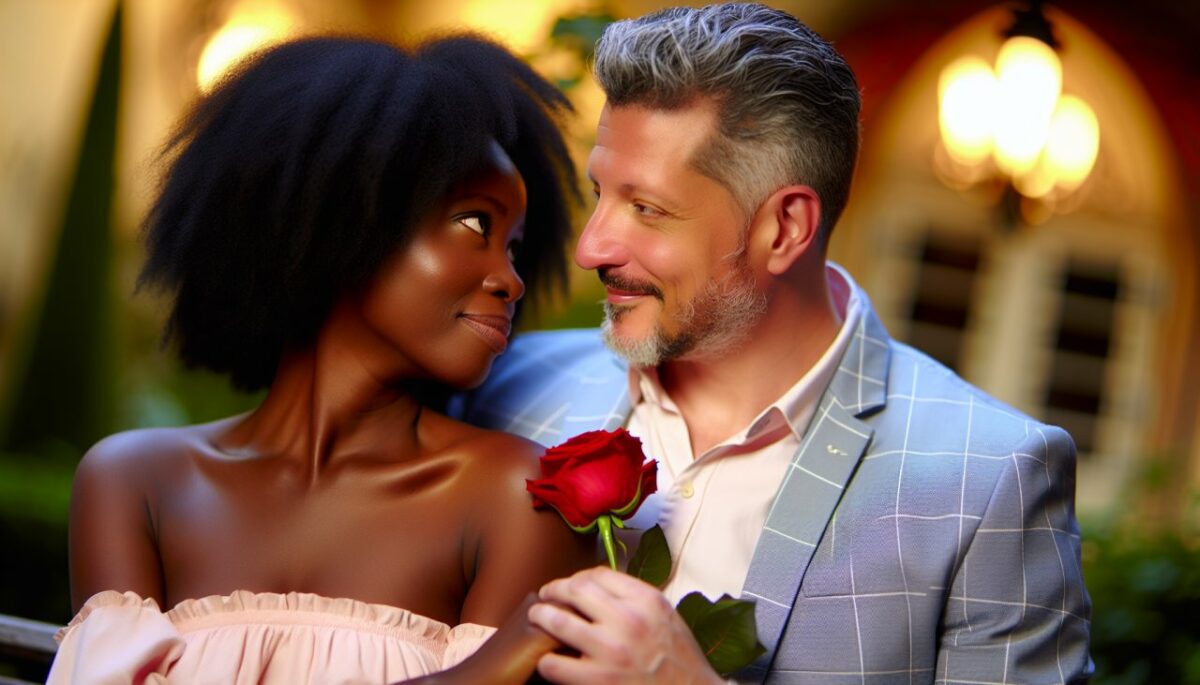 Un couple en train de se regarder amoureusement tout en tenant chacun une rose.