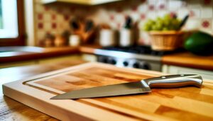Un couteau tranchant brillant posé sur une planche à découper en bois dans une cuisine bien éclairée.