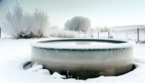 Une cuve extérieure remplie d'eau transformée en glace sous l'effet du froid hivernal.