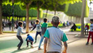 Un enfant tournant le dos à ses parents pour rejoindre un groupe d'amis qui jouent ensemble.