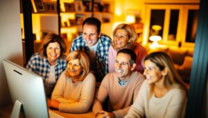 Une famille souriante rassemblée autour d'un ordinateur pour une réunion virtuelle.
