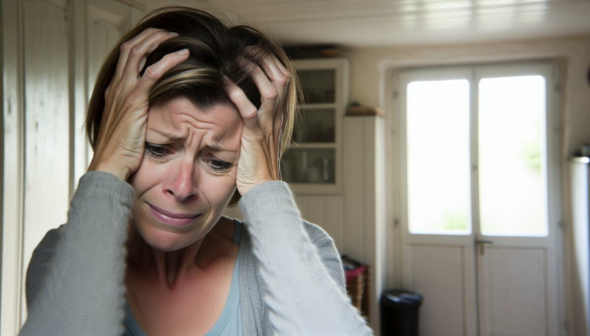Une femme agrippant sa tête avec une expression douloureuse sur son visage.