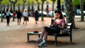 Une femme assise seule sur un banc, regardant tristement son téléphone.