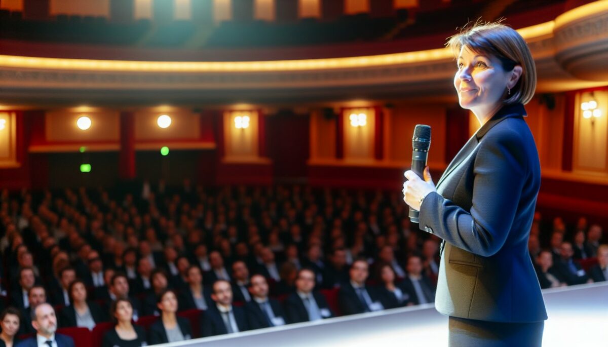 Une femme debout sur une scène, tenant un micro et parlant à une audience attentive lors d'un événement formel.