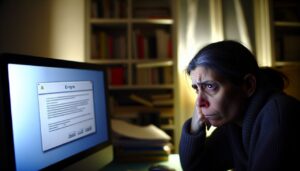 Une femme frustrée et contrariée regardant fixement son écran d'ordinateur qui affiche un message d'erreur.