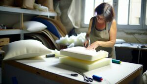 Une femme en train de retirer l'ancienne mousse d'un coussin et de la remplacer par une nouvelle.
