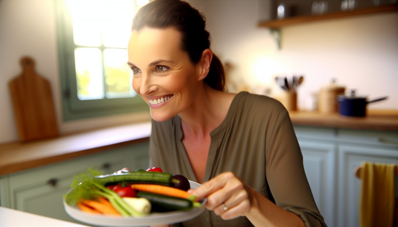 Une femme souriante regardant une assiette remplie de légumes frais et colorés.