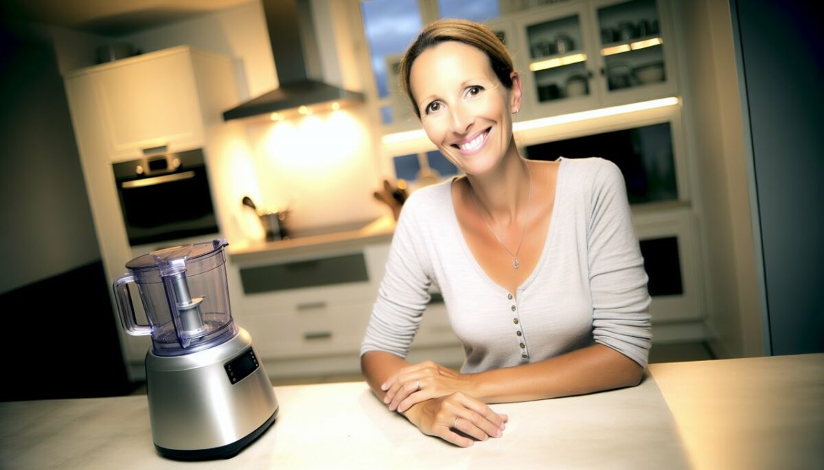 Une femme souriante dans une cuisine moderne, tenant un robot cuiseur sur le plan de travail.