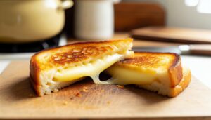 Un fromage grillé parfaitement doré coupé en deux sur une planche à découper.