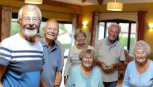 Un groupe de seniors souriants et actifs dans une maison de retraite.