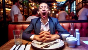 Un homme assis à une table de restaurant, la bouche ouverte dans un bâillement, avec des assiettes vides devant lui.