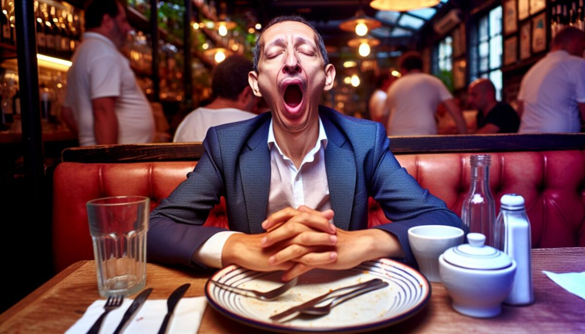 Un homme assis à une table de restaurant, la bouche ouverte dans un bâillement, avec des assiettes vides devant lui.