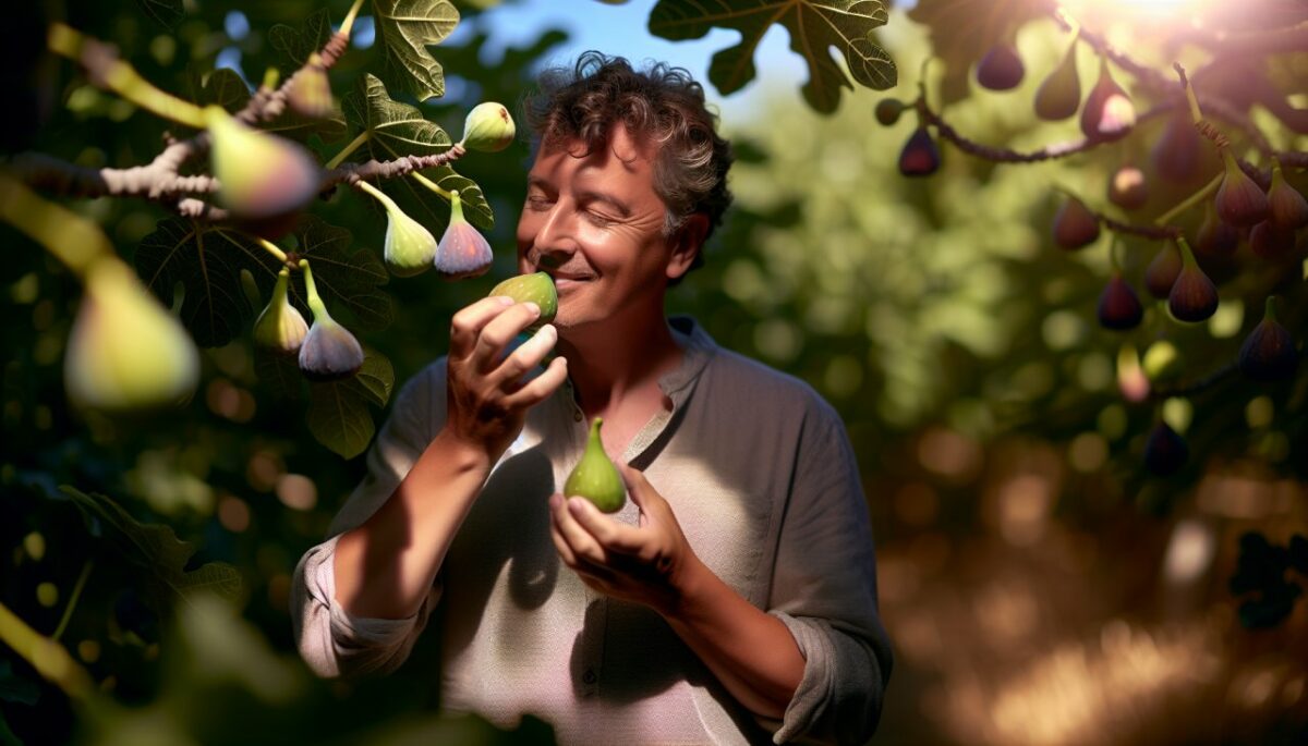 Un homme savourant une figue fraîchement cueillie, debout à l'ombre d'un figuier luxuriant.