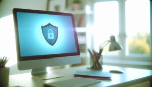 Un ordinateur avec un bouclier de sécurité sur l'écran.