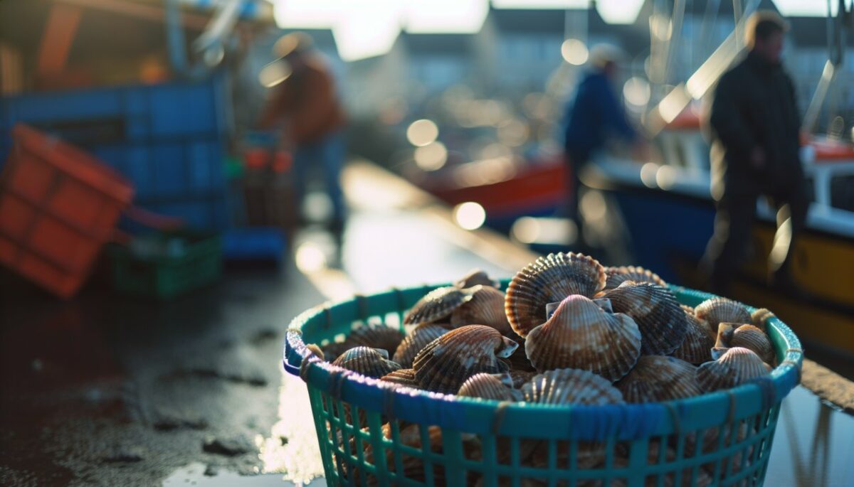 Un panier de pêcheur rempli de coquilles Saint-Jacques fraîchement pêchées.
