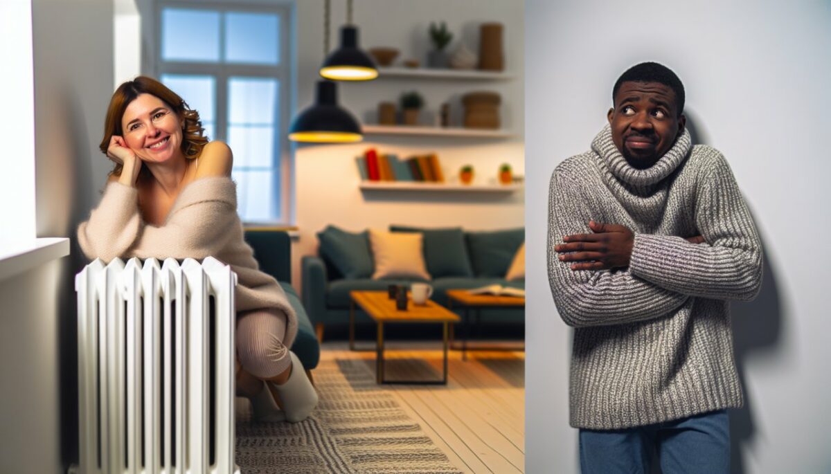 Une personne en pull épais, frissonnant dans le salon, tandis que l'autre en tenue légère, souriante, est confortablement installée près d'un radiateur.