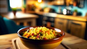 Un plat de couscous aux légumes colorés et appétissants, servi dans un bol traditionnel.
