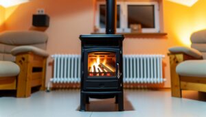 Un poêle à bois allumé dans un salon, avec différents types de radiateurs électriques en arrière-plan.