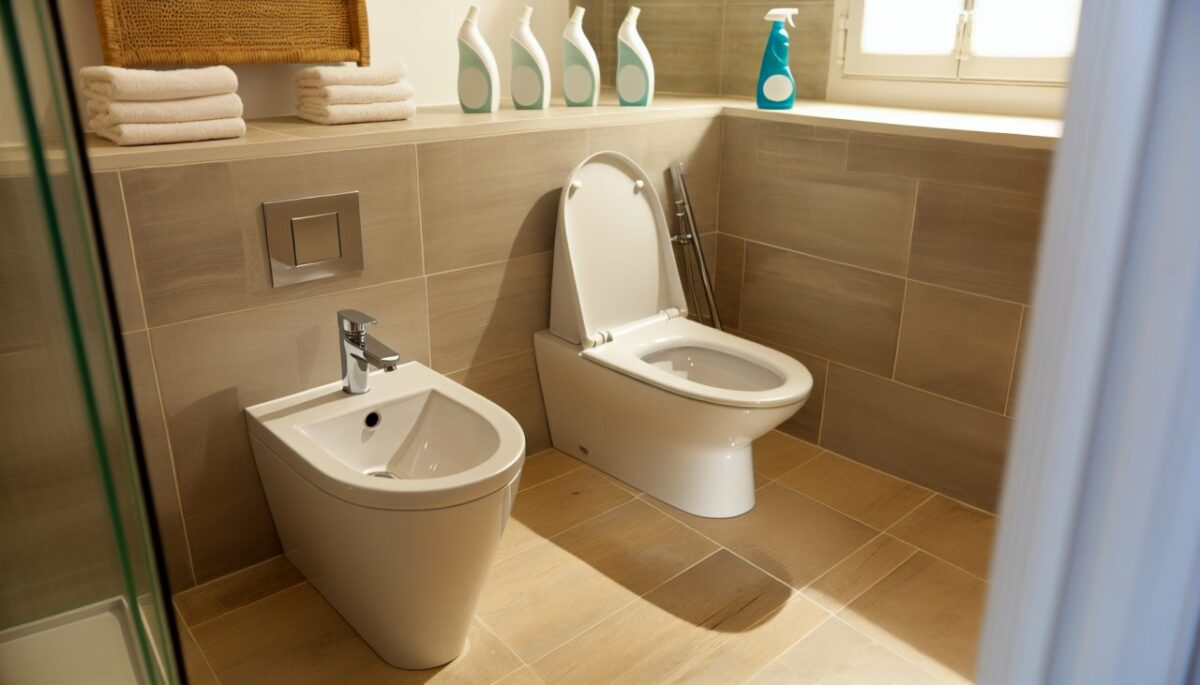 Une salle de bain moderne avec un bidet et des toilettes côte à côte.