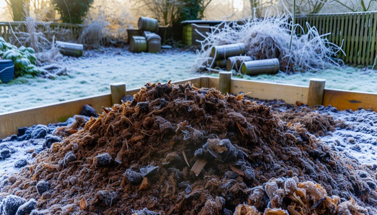 Un tas de compost dans un jardin couvert de givre ou de neige.