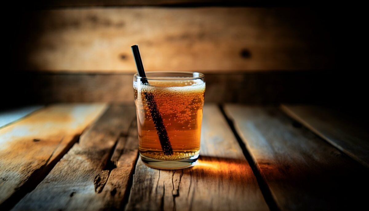 Un verre de kombucha avec une paille, posé sur une table en bois rustique.