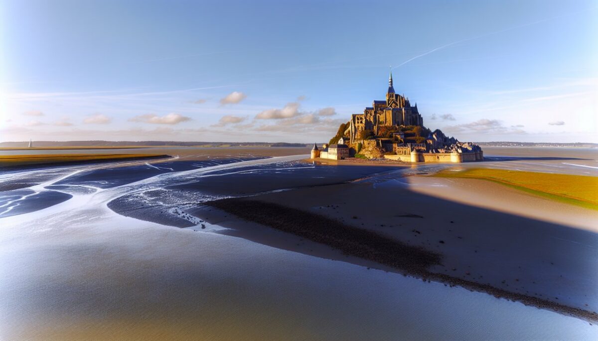 Une vue panoramique de l'abbaye du Mont-Saint-Michel surplombant la baie.