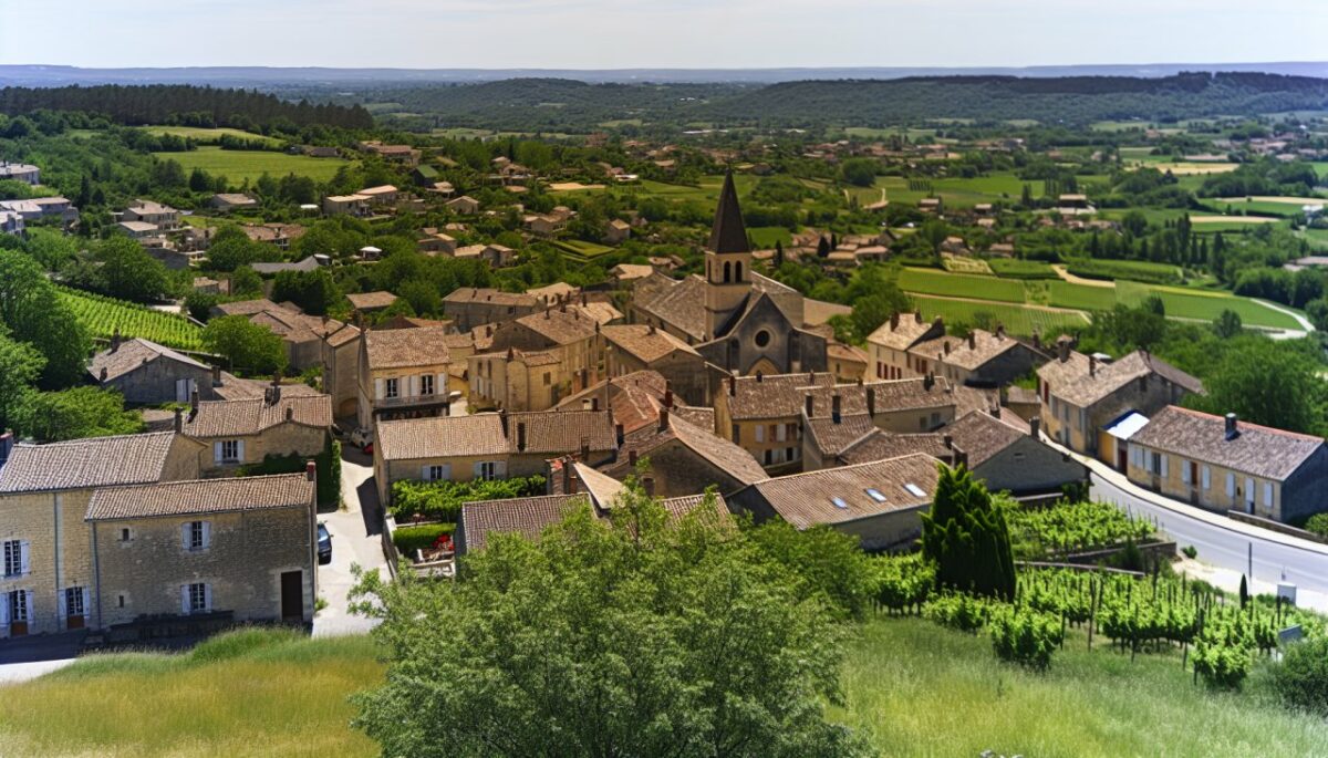 Une vue panoramique d'un pittoresque village français avec des maisons en pierre, une église et une campagne verdoyante environnante.
