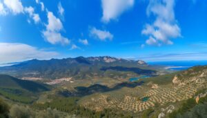 Une vue panoramique sur la région de la Catalogne avec ses montagnes, sa côte méditerranéenne et ses champs d'oliviers.