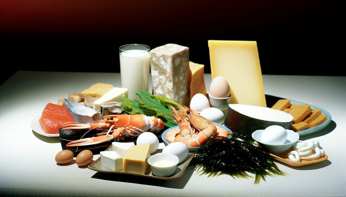 Un assortiment d'aliments riches en iode, comme les fruits de mer, les produits laitiers, les œufs et les algues.