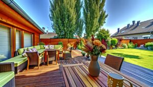 Une belle terrasse en bois avec des meubles de jardin, dans l'arrière-cour d'une maison.
