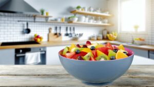 Un bol coloré rempli de différents fruits frais coupés en morceaux.