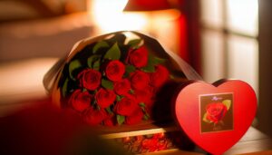 Un bouquet de roses rouges avec une boîte de chocolats en forme de cœur à côté.