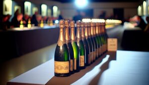 Des bouteilles de champagne anciennes alignées prêtes à être vendues lors d'une vente aux enchères.