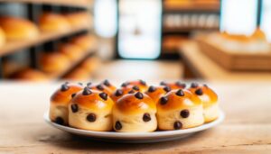 Des briochettes aux pépites de chocolat disposées joliment sur une assiette, avec un aspect légèrement différent pour indiquer qu'elles sont allégées et sans œufs.