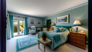 Une chambre à coucher décorée dans des tons apaisants de bleu et de vert.