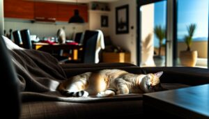 Un chat endormi, baigné par la lumière du soleil, reposant confortablement sur un canapé dans un salon.