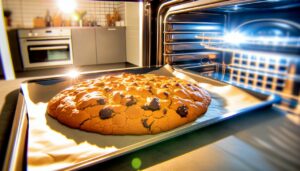 Un cookie géant sortant du four, encore fumant et doré.