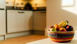 Une corbeille de fruits colorés avec certains fruits isolés à côté.