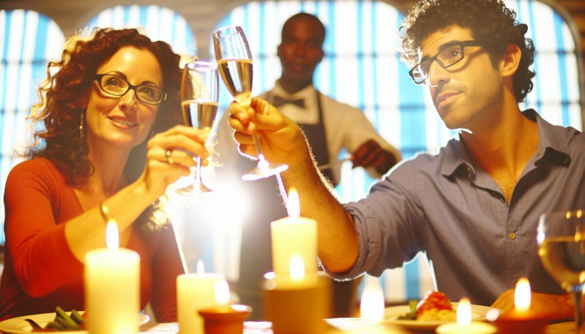 Un couple levant leurs verres lors d'un repas romantique à la lueur des bougies.