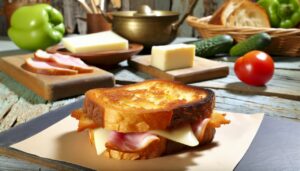 Un croque-monsieur campagnard bien doré et croustillant, posé sur une table rustique avec des ingrédients frais comme du jambon, du fromage et du pain de campagne.